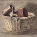 A Wicker Basket containing a Bottle and two Brown Vessels